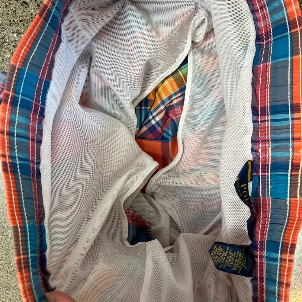 Polo Ralph Lauren Mens Madras Plaid Swim Trunks Multi Color Orange Blue Large